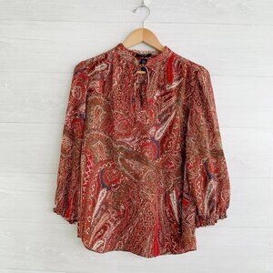 Chaps Denim - Maroon brown paisley long 3/4 sleeve tie neck top, L